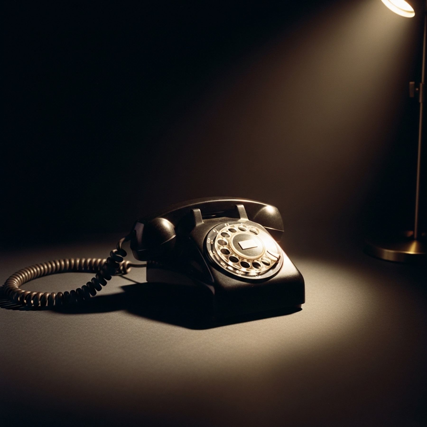 Rotary telephone receiver resting off-hook on a dark desk