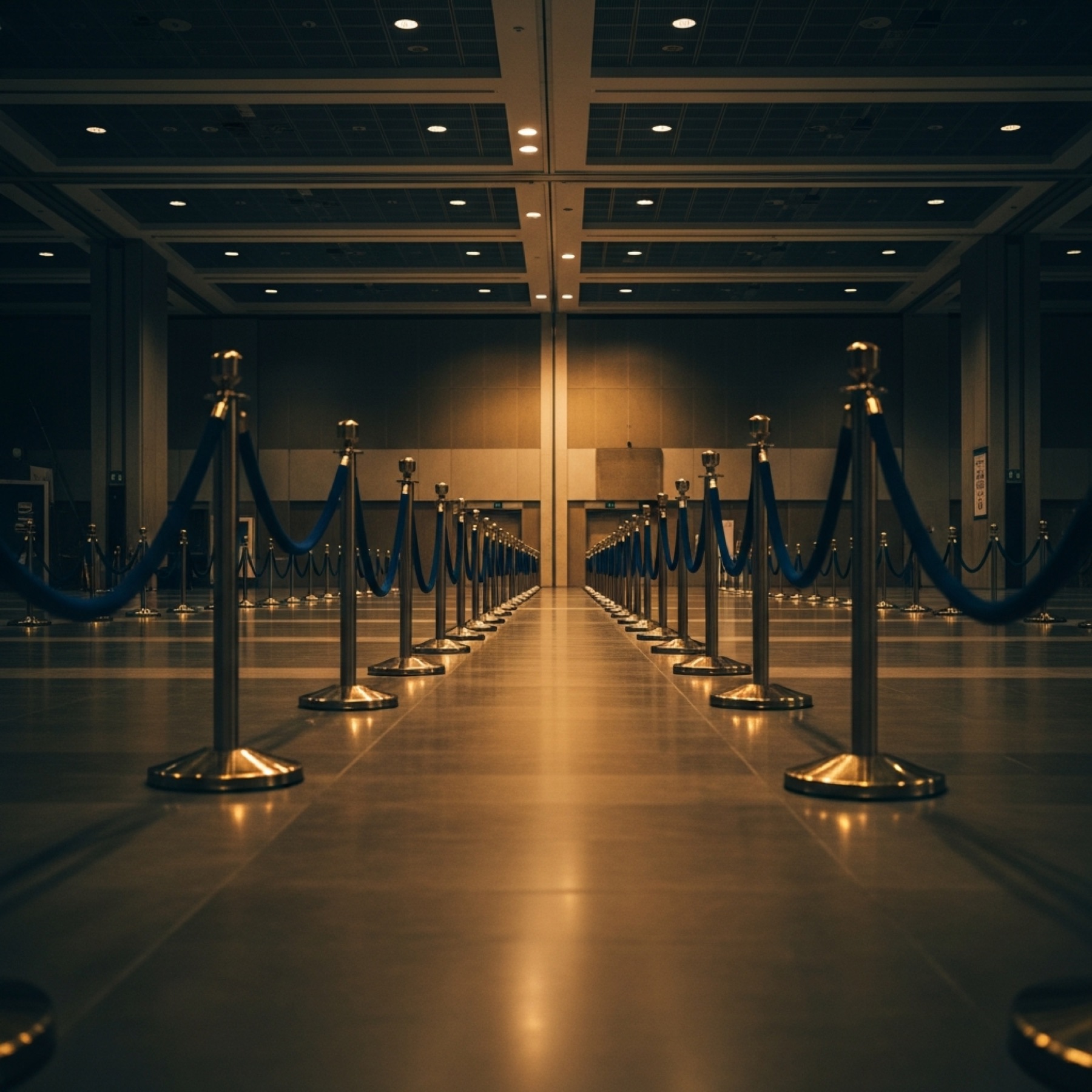 Empty European conference hall at dusk with gold work-light